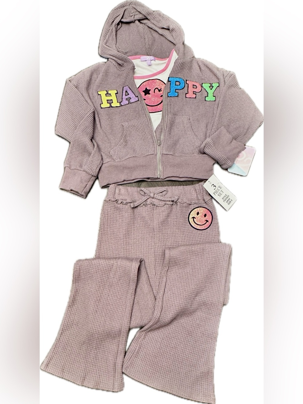 Grey Waffle Hoodie & Flared Pants 3 Piece Set with Patches